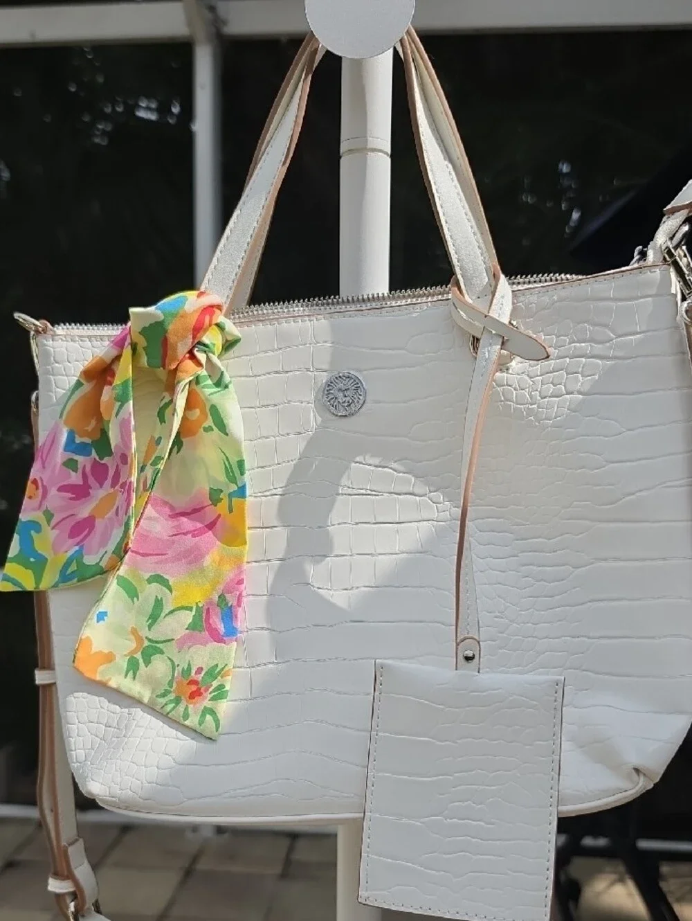 ANNE KLEIN Croc-Embossed White Bag with Floral Scarf Accent